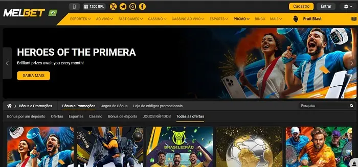 Página de promoções da MelBet com banner e ofertas em destaque