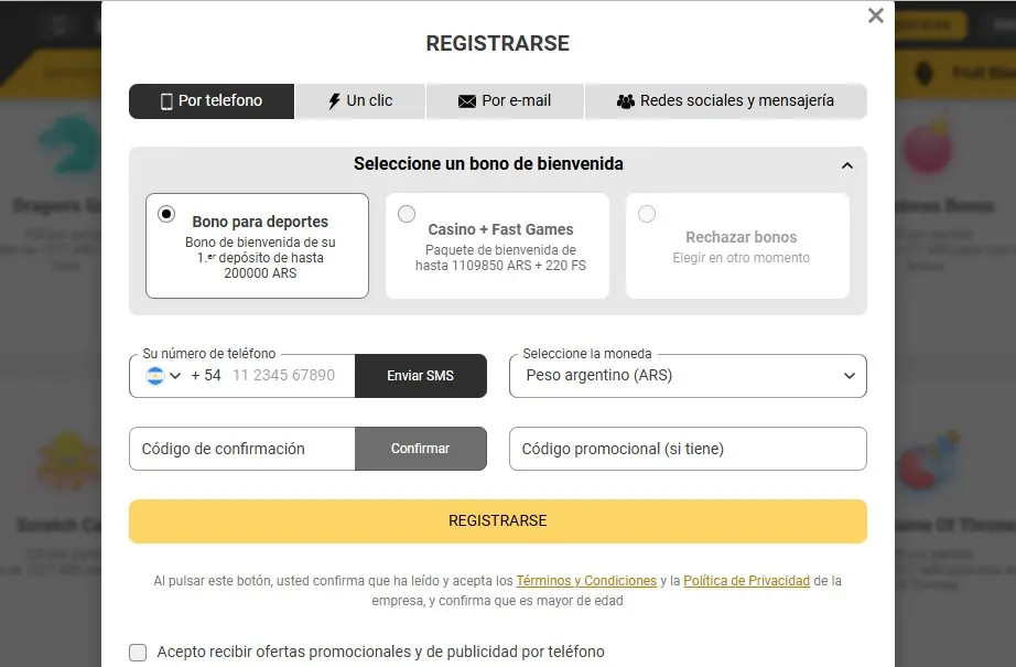 Formulario de registro en Melbet con selección de bono de bienvenida y métodos de registro