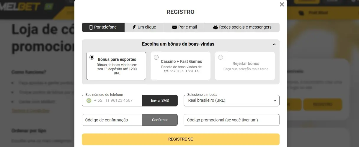 Formulário de registro na MelBet com seleção de bônus de boas-vindas e métodos de registro