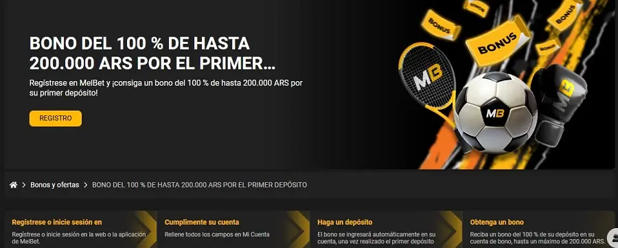 Banner de bono de bienvenida del 100% en Melbet con instrucciones para obtenerlo