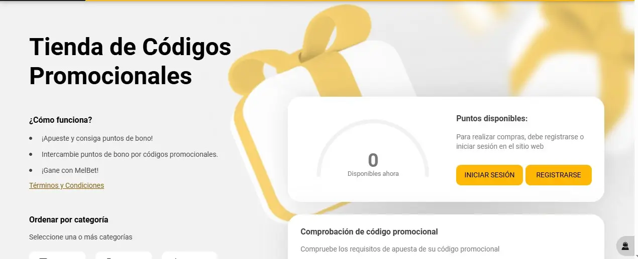 Página de tienda de códigos promocionales en Melbet con instrucciones para obtener y canjear puntos