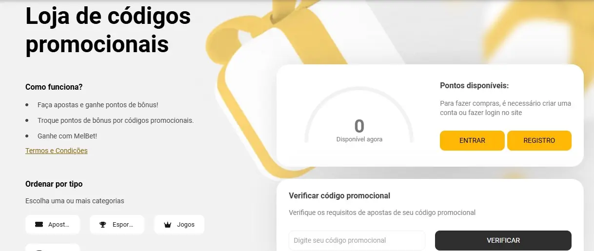 Página da loja de códigos promocionais na MelBet com instruções para obter e resgatar pontos
